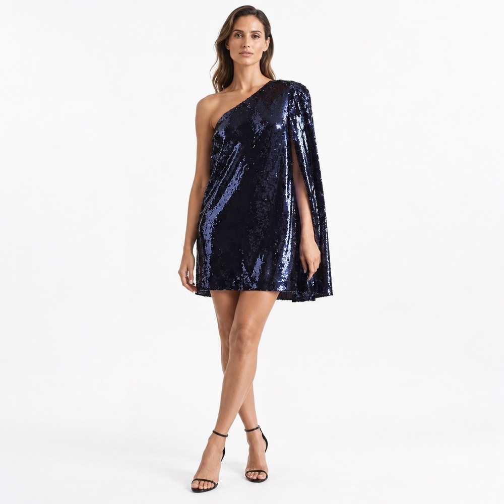 Reiss Eva One Shoulder Sequin Dress Womens 8 Blue Cape Sleeve Cocktail Glam
